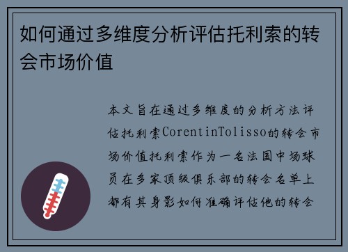 如何通过多维度分析评估托利索的转会市场价值 如何通过多维度分析评估托利索的转会市场价值
